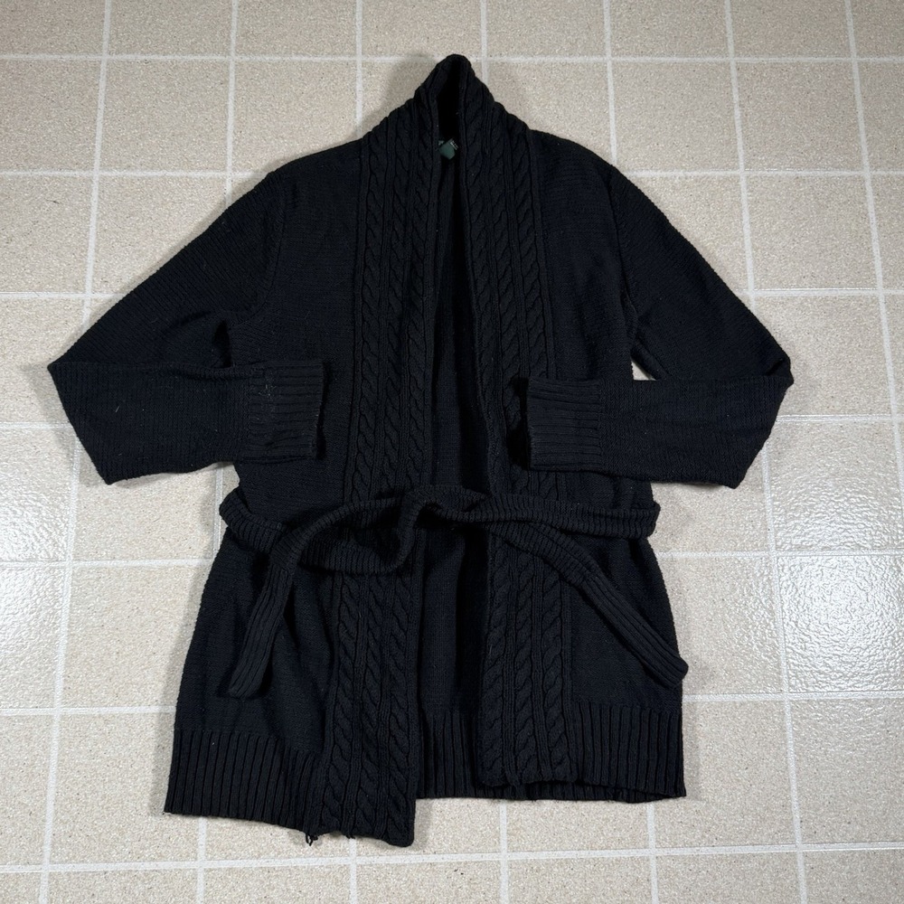 Lauren Ralph Lauren Black Cable Knit Belted Wrap Cardigan Sweater M Rabbit Hair
